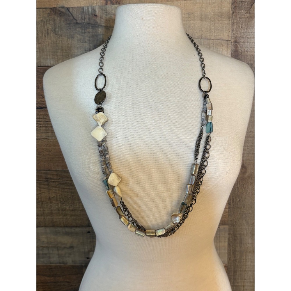 Gunmetal Multi Strand Shell Necklace Iridescent Mother of Pearl Boho Statement
